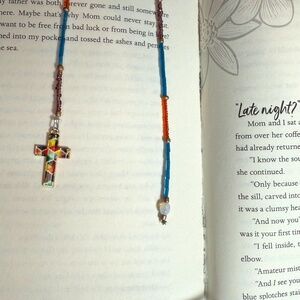 Hand Crafted Beaded Bookmark Stain Glass Pattern Cross  Faceted White Bead Charm